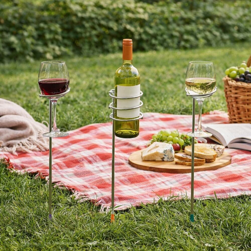 Pampered Chef Outdoor Party Sticks Retired Bottle Holder 6 Wine Glass Stakes New